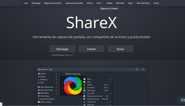 ShareX como herramienta externa para hacer capturas de pantalla en Windows 10