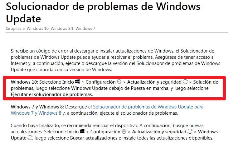 windows update para solucionar error de actualizacion