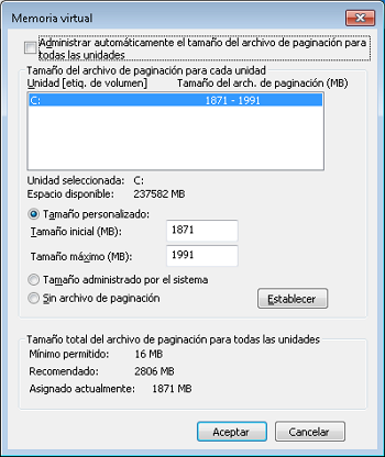 Cambiar el tamaño de la memoria virtual para acelerar Windows 7