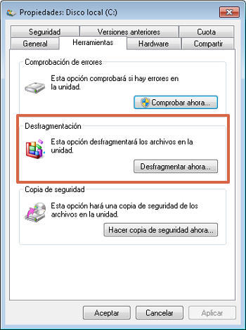 Desfragmentación del disco duro para acelerar Windows 7