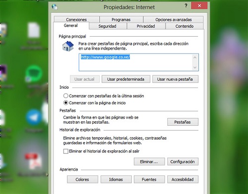 Opciones de Internet en Windows pestaña General