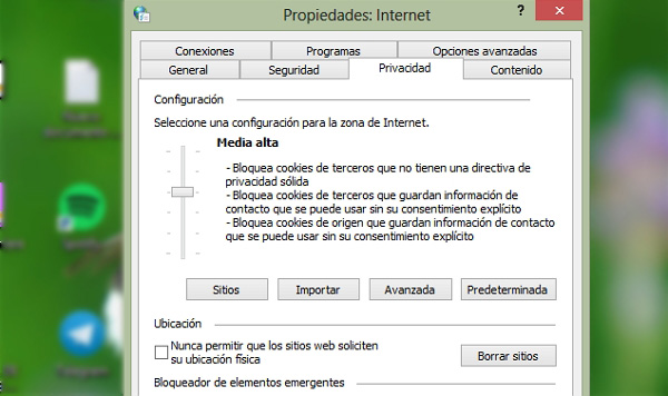 Opciones de Internet en Windows pestaña Privacidad