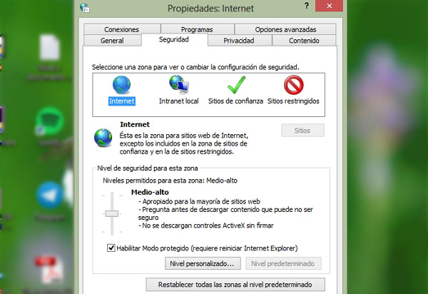 Opciones de Internet en Windows pestaña Seguridad