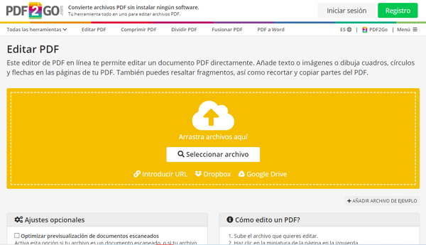 PDF2Go como página web para modificar un PDF