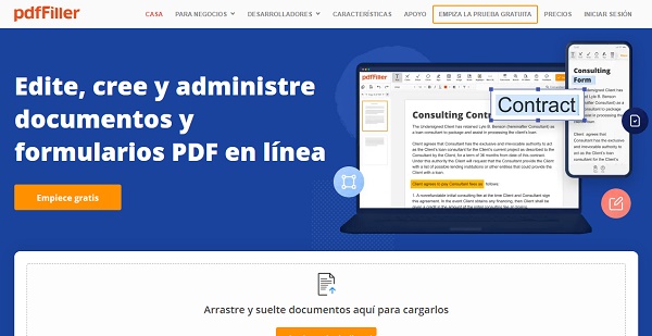 PDFFiller como página web para modificar un PDF