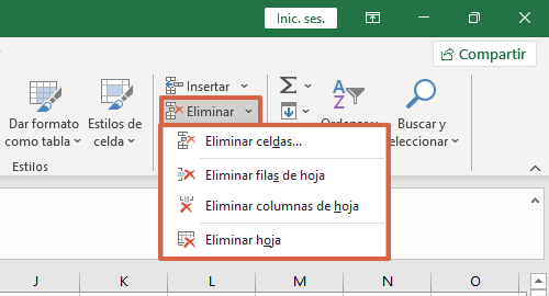 Cómo eliminar celdas, columnas y filas en Excel usando el panel de herramientas